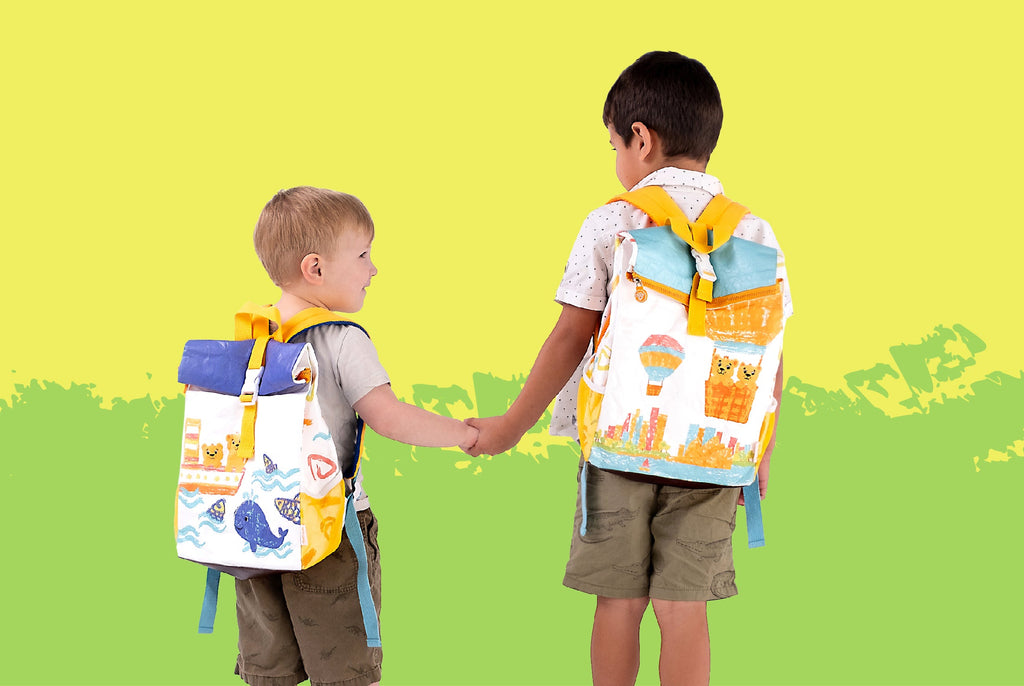 Two young boys wearing TWO CUBS eco-friendly school backpacks, ready for back to school in Australia 2025. Durable, lightweight, and perfect for kids.