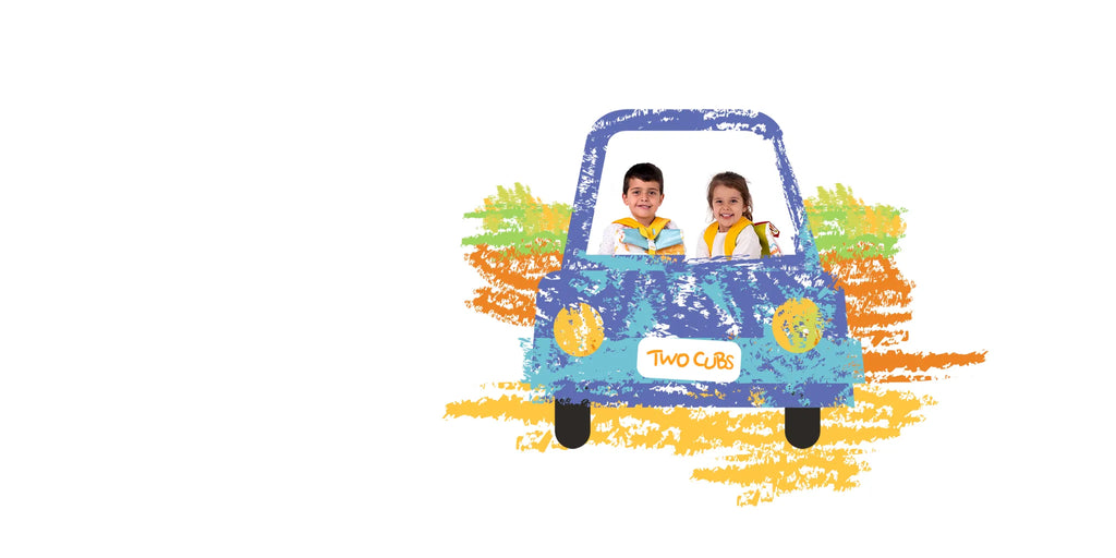 Two happy kids wearing eco-friendly travel backpacks, sitting in a playful illustrated car with colorful hand-drawn scenery, symbolizing fun and adventure