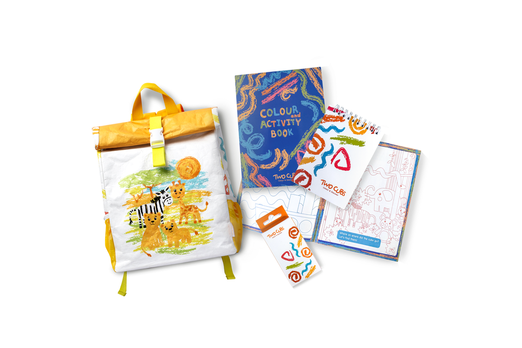 TWO CUBS Safari Backpack comes with an activity kit, including a coloring book, crayons, and stickers, keeping kids entertained during trips