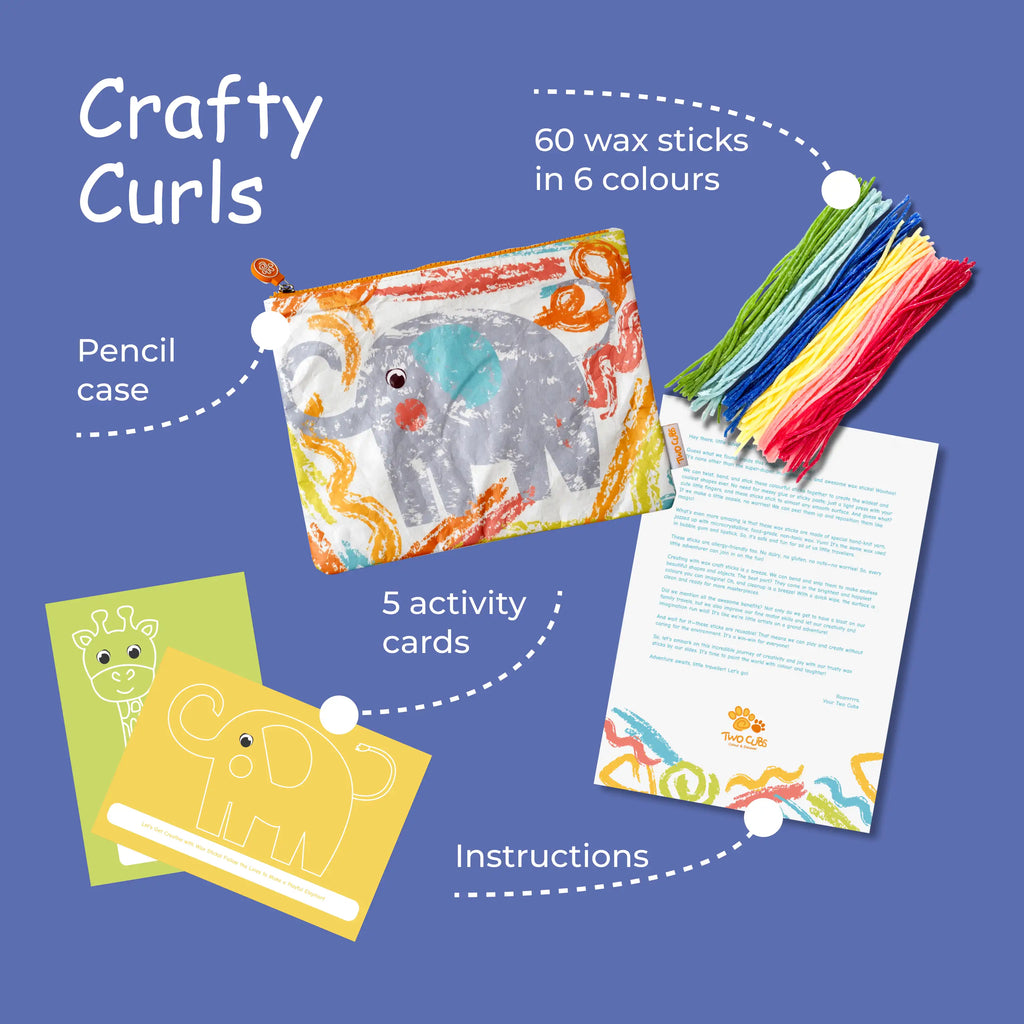 A fun and creative Crafty Curls set with a colorful elephant pencil case, 60 flexible wax sticks in six colors, five engaging activity cards, and easy-to-follow instructions—perfect for little hands to explore and create